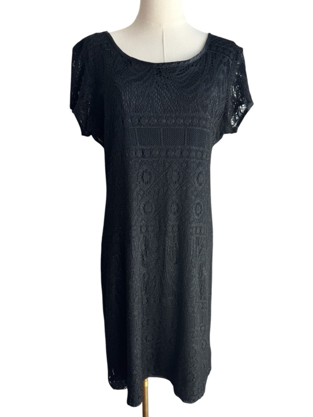 Vintage 90s Black Lace Knit Dress Sz M Sheer Overlay Metallic Shimmer Boho EUC